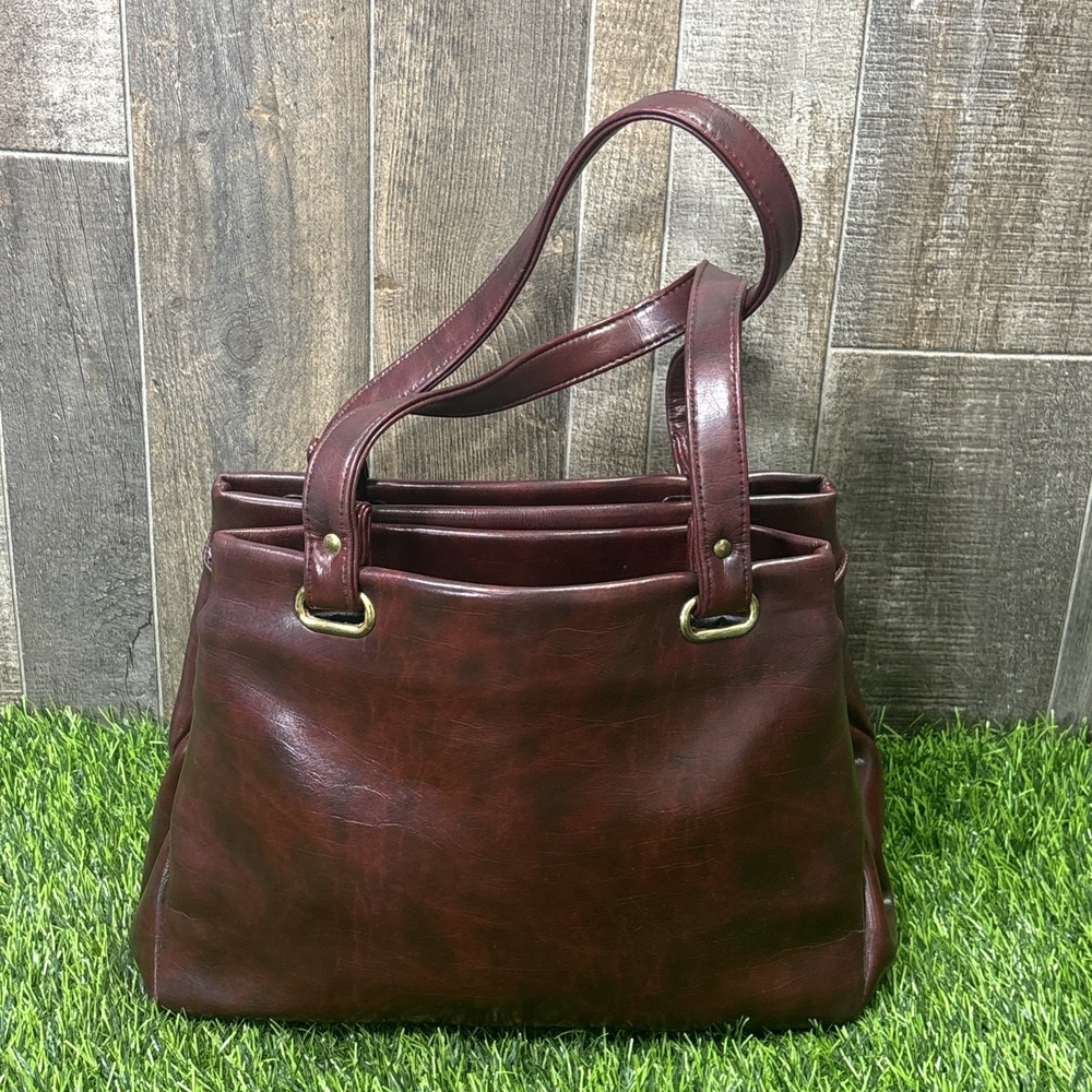 Vintage Burgundy Wine Organizer Handbag Retro Purse Gold Tone Multi Compartment